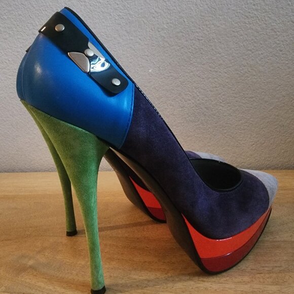 Versace Shoes Womens Size 40.5 Multicolor Suede Leather Platform High Heel Italy - Picture 2 of 14